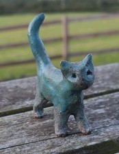 Raku Pottery Cat. Ceramic with Blue Glaze Stylised Features
