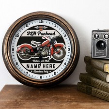 Personalised Motorcycle Clock FLH Panhead Bike Garage Glass Wall Gift MBC16