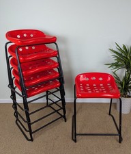 8 AVAILABLE Vintage Stacking Red Polo School Cafe Bar Stools - Fast Delivery