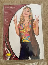 "Cool Hippie" Womens Fancy Dress Costume Top/Waistcoat/Necklace/Headband Size M