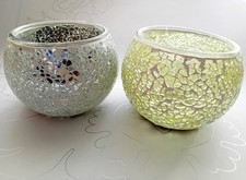 2 Globe Mosaic Crackle-Style Glass Tea Light Votive Holders 8cm - Silver & Green