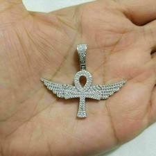14K White Gold Plated 0.98Ct Round Cut Moissanite Flying Ankh Cross Pendant