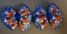 2x Girls Hair Bow Clips Christmas Xmas cute Pug Puppy wearing santa hat blue red