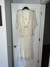 Claire Pettibone Gown w Jacket Ivory Wedding Sheer Lace Straps Size Small Boho