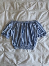 Primark Baby Light Blue Ruched Cropped Off The Shoulder Bardot Top Size Small S