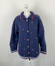 Pachamama Fleece Lined Cardigan Handmade Blue Sz Large Ladies Knit Jacket Button