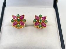 22ct Gold Screw Fitting Emerald & Ruby Stud Earrings. Goldmine Jewellers.