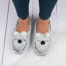 The Slipper Company Womens Slippers Grey Moccasin Faux Fur Rebel SIZE