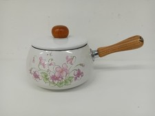 Vintage Floral Enamel Saucepan With Wooden Handle and Lid - N813