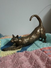 Bronze Cat Sculpture Of A Stretching Cat Signed PJ
