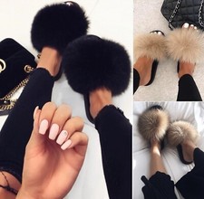 LADIES WOMENS FLUFFY FUR LUXURY SLIDES SLIDERS SUMMER SLIPPERS FLAT SANDALS SIZE