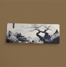 Gaming Mouse Pad Japanese Pagoda and Cherry Blossoms Branch Oversized Mouse Mat