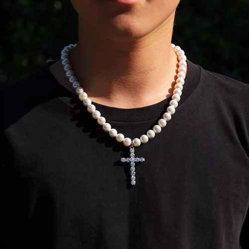 Diamante white pearl cross - white,