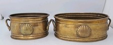 Pair Vintage Brass oval planters Bucket with handles - Scallop detail