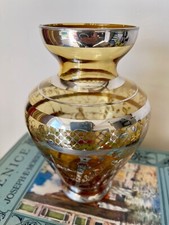 Vintage Venetian Murano Italian Amber  Silver Overlay Glass Vase Love Scene