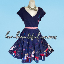 LINDY BOP ALICE IN WONDERLAND PRINT VINTAGE STYLE PARTY DRESS SIZE 18 fits 16
