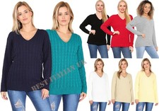 Womens Twist Cable Knitted V Neck Jumper Ladies Long Sleeve Winter Sweater Tops