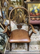 Beautiful Antique Spindle Back Arm Chair Tan Leather Upholstery Circa 1900 VGC
