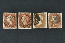 4 Imperforate Penny Red Stamps. Maltese Cross. MX. One Penny. 1840s. JF TF HL BL
