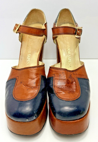 Vtg 70s platform leather tan - 70s,