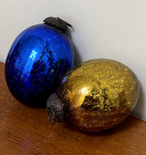 2 Vintage Crackle Glass Kugel Christmas Baubles - Cobalt Blue, Gold - Heavy 5"