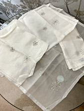 4 WHITE FINE COTTON LARGE TABLE NAPKINS~18" x 18"  SILVER EMBROIDERY~CHRISTMAS