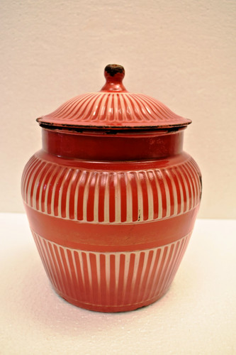 Vintage red enamel storage jar - red,