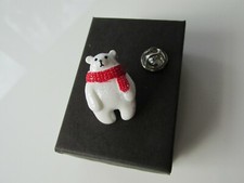 Handmade Christmas Xmas White Polar Bear with Red Scarf Brooch Lapel Tie Pin