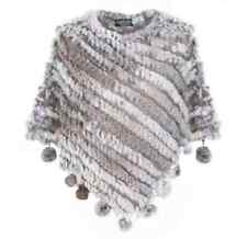 REAL FUR PONCHO SHRUG CAPE SHAWL Pom Poms Grey WRAP SCARF SWEATER CARDIGAN