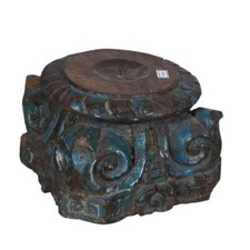 Antique Teal Blue Indian Teak Carved Pillar Base Candle Holder 19th Century