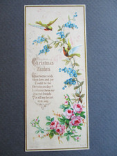 Victorian BOOKMARK Christmas Wishes Verse Goldfinch Birds Roses 1890s Chromo