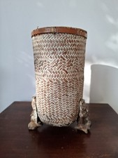 Tall Vintage Woven Chinese Basket/Vase with Wooden Feet