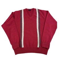 Gabicci Jumper Mens L V Neck Long Sleeves Striped Retro Pattern Red