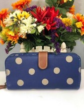 CATH KIDSTON Navy Blue Polka Dot Coated Canvas Large Bi-fold Continent Wallet