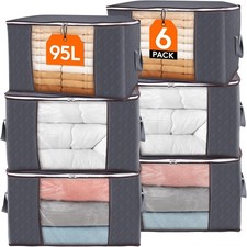 6x Lifewit 95L Clothes Storage Bags Large Storage Box W/ Lid Packing Boxes Grey