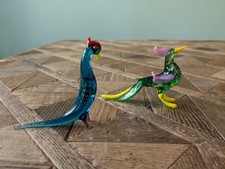 Vintage Miniature Hand Blown Glass Animals/Birds Colourful Rooster & Peacock ?