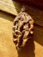 Antique Chinese Carved Fruit Pit Wood Nut Hediao Prayer Bead Pendant