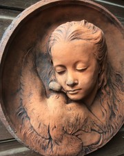 Decorative round wall plaque Girl and Dove stone home or garden plaque 46cm/18"W