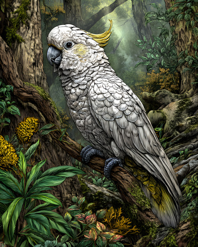 White cockatoo mossy forest - mossy,