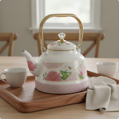 Floral enamel kettle heat - enamel,
