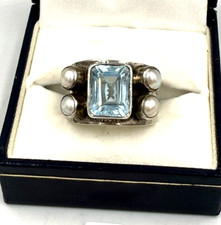Antique Art Deco 925 Large Aquamarine & Pearl Ring Artisan 'A' Made Size N US 7