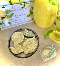 VTG Italian Lemon Cast Iron Trivet w Lemon Magnet Set Hand Painted Kitchen Decor