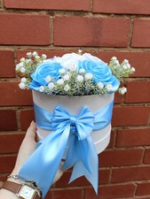 blue Baby Boy  gift Roses And Silk Artificial Flowers In Hatbox Gift Decor 