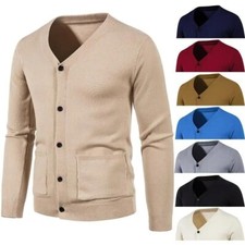 MENS PLAIN BUTTON UP CARDIGAN KNITWEAR CLASSIC GRANDDAD FRONT POCKET KNITTED TOP