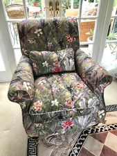 Multiyork Armchair Upholstered in Green Velvet Print Mahogany Legs & Brass Wheel