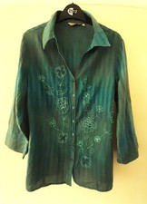 M&S Per Una 100% Cotton 3/4 Sleeve Teal Green/Blue & Grey Blouse Top Size 14(New