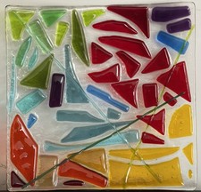 Fused Art Glass Mosaic Square Plate, Rainbow Colors