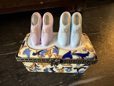 Vintage Peint Main Limoges Signed Shoe Trinket Box Shoebox France Blue Gold