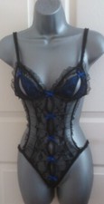 Sexy Ann Summers Beau black blue lace peep hole body size small (6-8)