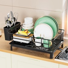 Dish Draining Rack with Cutlery Holder Cup Drip Tray Kitchen Countertop Storage